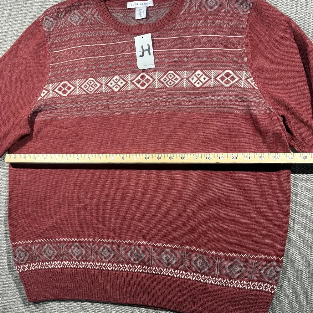 John Henry Sweater Mens 2XL Red Fair Isle Knit Crewneck Pullover Nordic